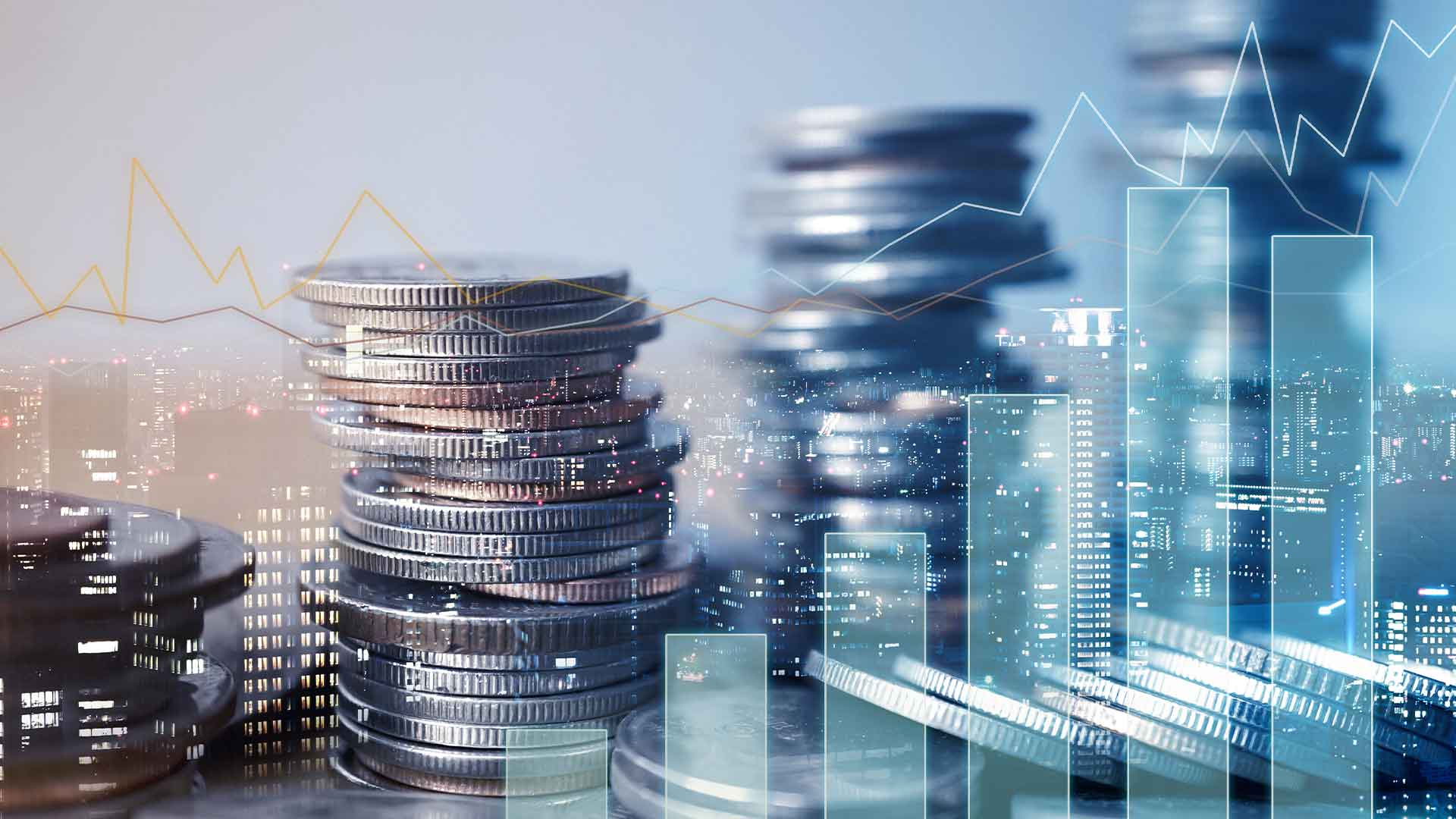 Stacked coins are layered over a cityscape, with graphs and bar charts symbolizing financial growth, highlighting investment sectors Oman 2024.