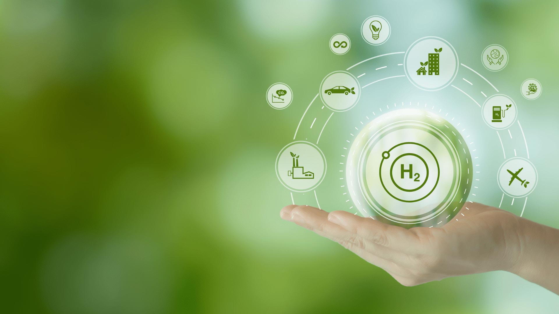 A hand holding a symbolic hydrogen molecule surrounded by various green energy icons, representing the potential of hydrogen in sustainable energy solutions, with a focus on 2024 Green Hydrogen Summit Insights.