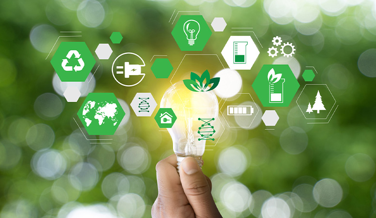 A hand holding a glowing lightbulb surrounded by various green energy oman icons, including recycling, renewable energy, and eco-friendly symbols, with a blurred background of greenery.